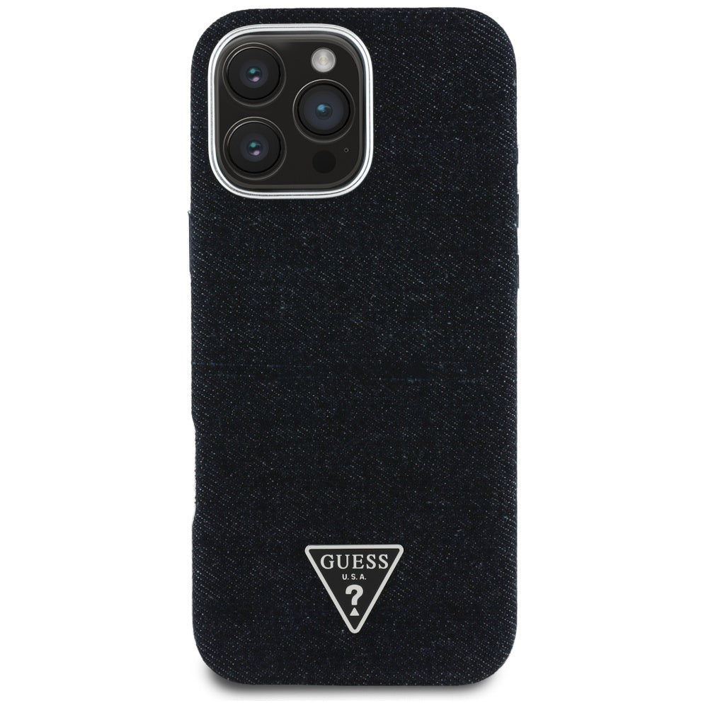 Husa MagSafe pentru Apple iPhone 16 Pro, Guess, Denim Triangle Logo, Neagra