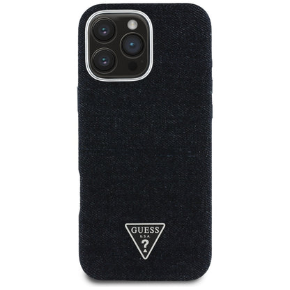 Husa MagSafe pentru Apple iPhone 16 Pro, Guess, Denim Triangle Logo, Neagra
