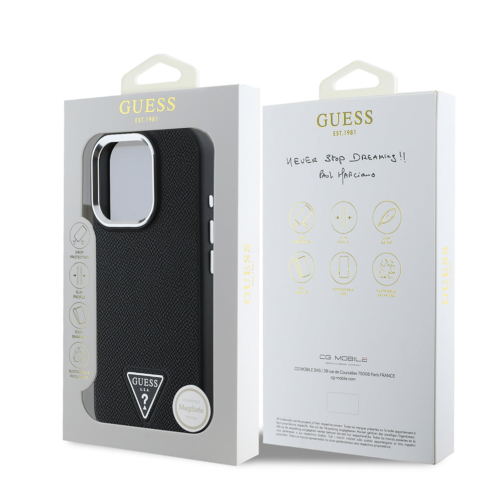Husa MagSafe pentru Apple iPhone 16 Pro, Guess, Grained Triangle Logo, Neagra