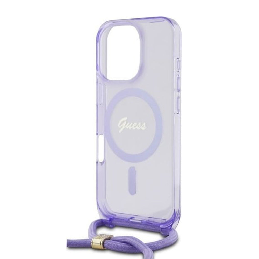Husa MagSafe pentru Apple iPhone 16 Pro, Guess, IML Crossbody Cord Script, Mov