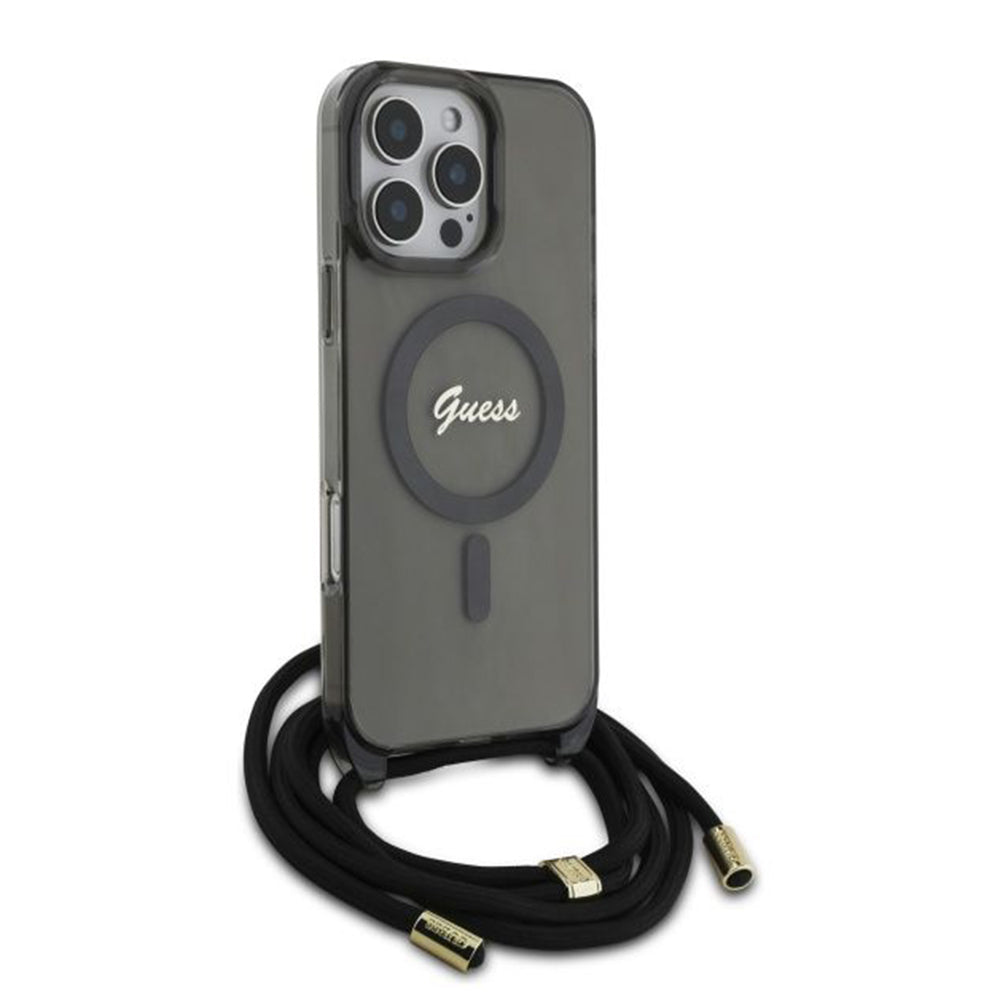 Husa MagSafe pentru Apple iPhone 16 Pro, Guess, IML Crossbody Cord Script, Neagra