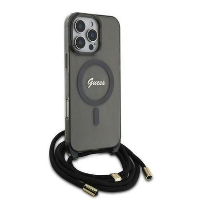 Husa MagSafe pentru Apple iPhone 16 Pro, Guess, IML Crossbody Cord Script, Neagra
