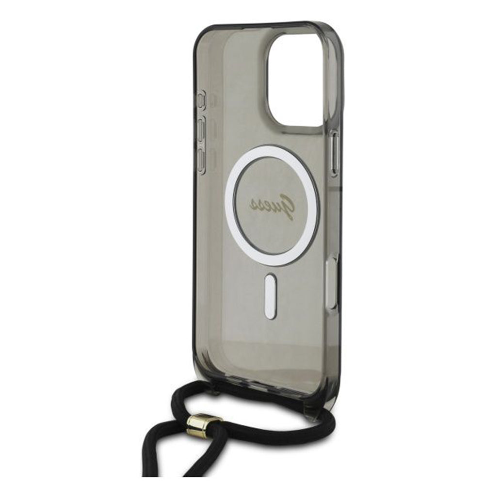 Husa MagSafe pentru Apple iPhone 16 Pro, Guess, IML Crossbody Cord Script, Neagra