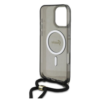 Husa MagSafe pentru Apple iPhone 16 Pro, Guess, IML Crossbody Cord Script, Neagra
