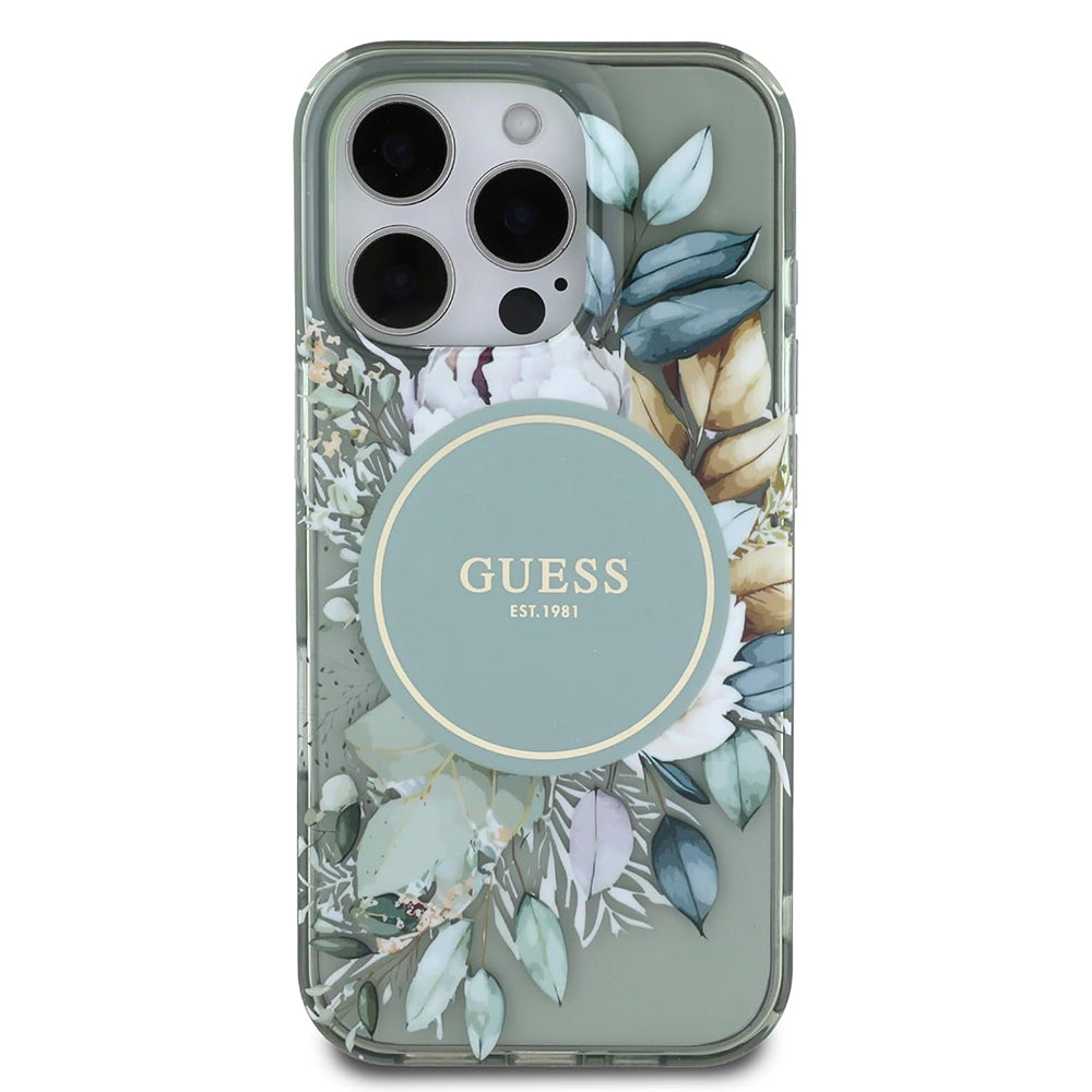 Husa MagSafe pentru Apple iPhone 16 Pro, Guess, IML Flower & Tonal Circle, Verde