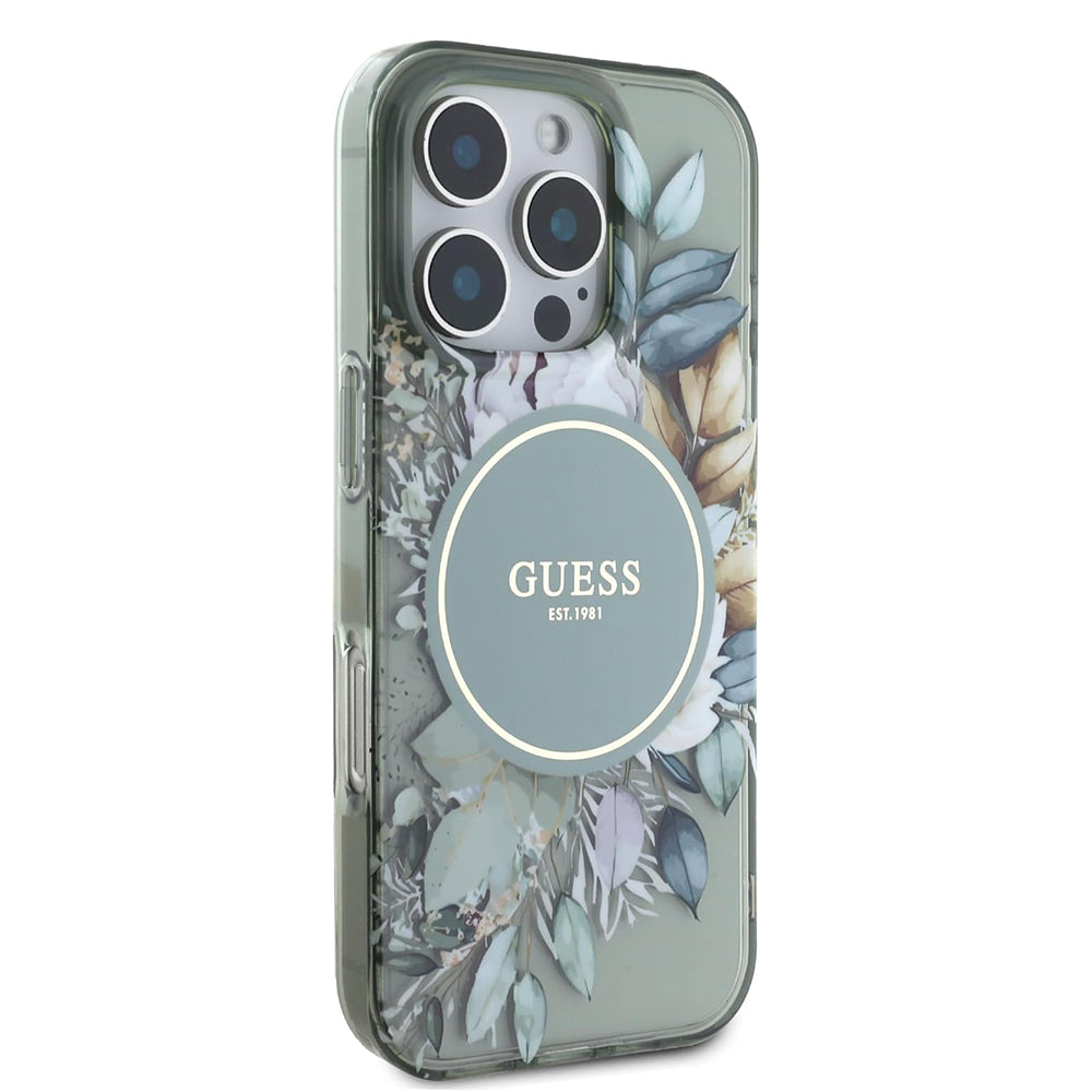 Husa MagSafe pentru Apple iPhone 16 Pro, Guess, IML Flower & Tonal Circle, Verde