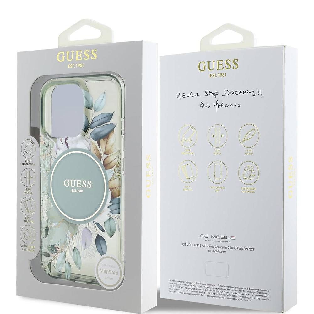 Husa MagSafe pentru Apple iPhone 16 Pro, Guess, IML Flower & Tonal Circle, Verde