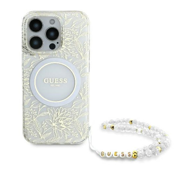 Husa MagSafe pentru Apple iPhone 16 Pro, Guess, IML Flowers Allover Electroplated with Pearl Strap, Alba