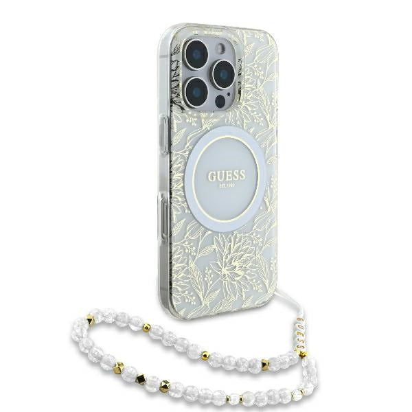 Husa MagSafe pentru Apple iPhone 16 Pro, Guess, IML Flowers Allover Electroplated with Pearl Strap, Alba