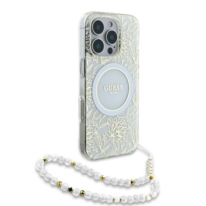 Husa MagSafe pentru Apple iPhone 16 Pro, Guess, IML Flowers Allover Electroplated with Pearl Strap, Alba