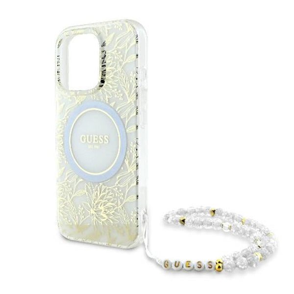 Husa MagSafe pentru Apple iPhone 16 Pro, Guess, IML Flowers Allover Electroplated with Pearl Strap, Alba