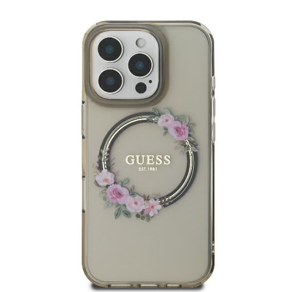 Husa MagSafe pentru Apple iPhone 16 Pro, Guess, IML Flowers Wreath, Neagra