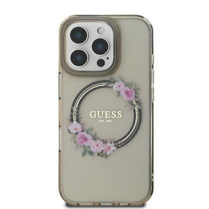 Husa MagSafe pentru Apple iPhone 16 Pro, Guess, IML Flowers Wreath, Neagra