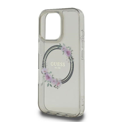 Husa MagSafe pentru Apple iPhone 16 Pro, Guess, IML Flowers Wreath, Neagra
