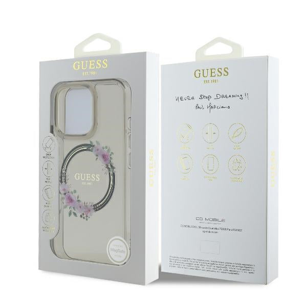 Husa MagSafe pentru Apple iPhone 16 Pro, Guess, IML Flowers Wreath, Neagra