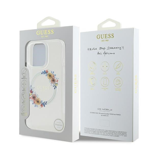Husa MagSafe pentru Apple iPhone 16 Pro, Guess, IML Flowers Wreath, Transparenta
