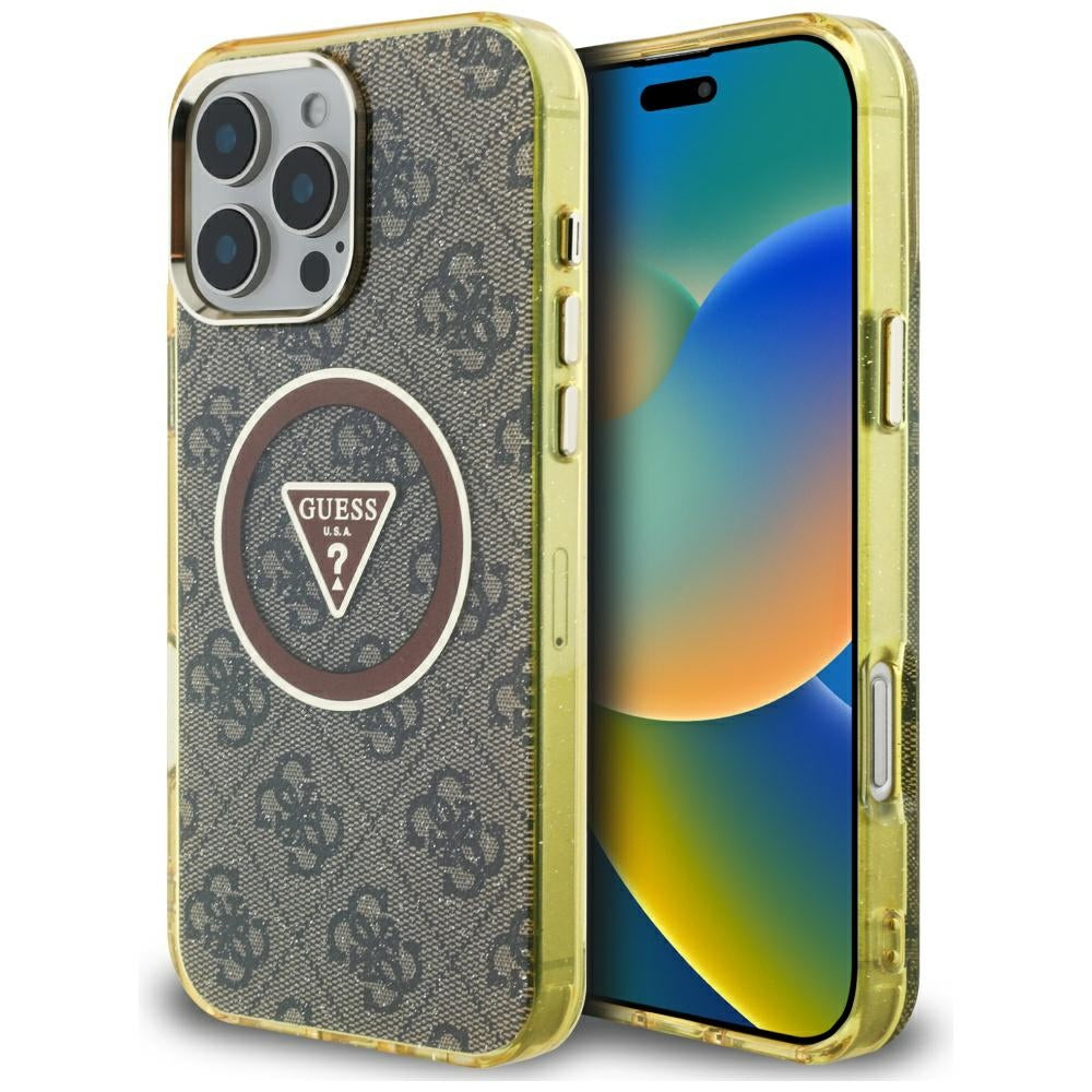 Husa MagSafe pentru Apple iPhone 16 Pro, Guess, IML Glitter 4G Circle Triangle, Maro