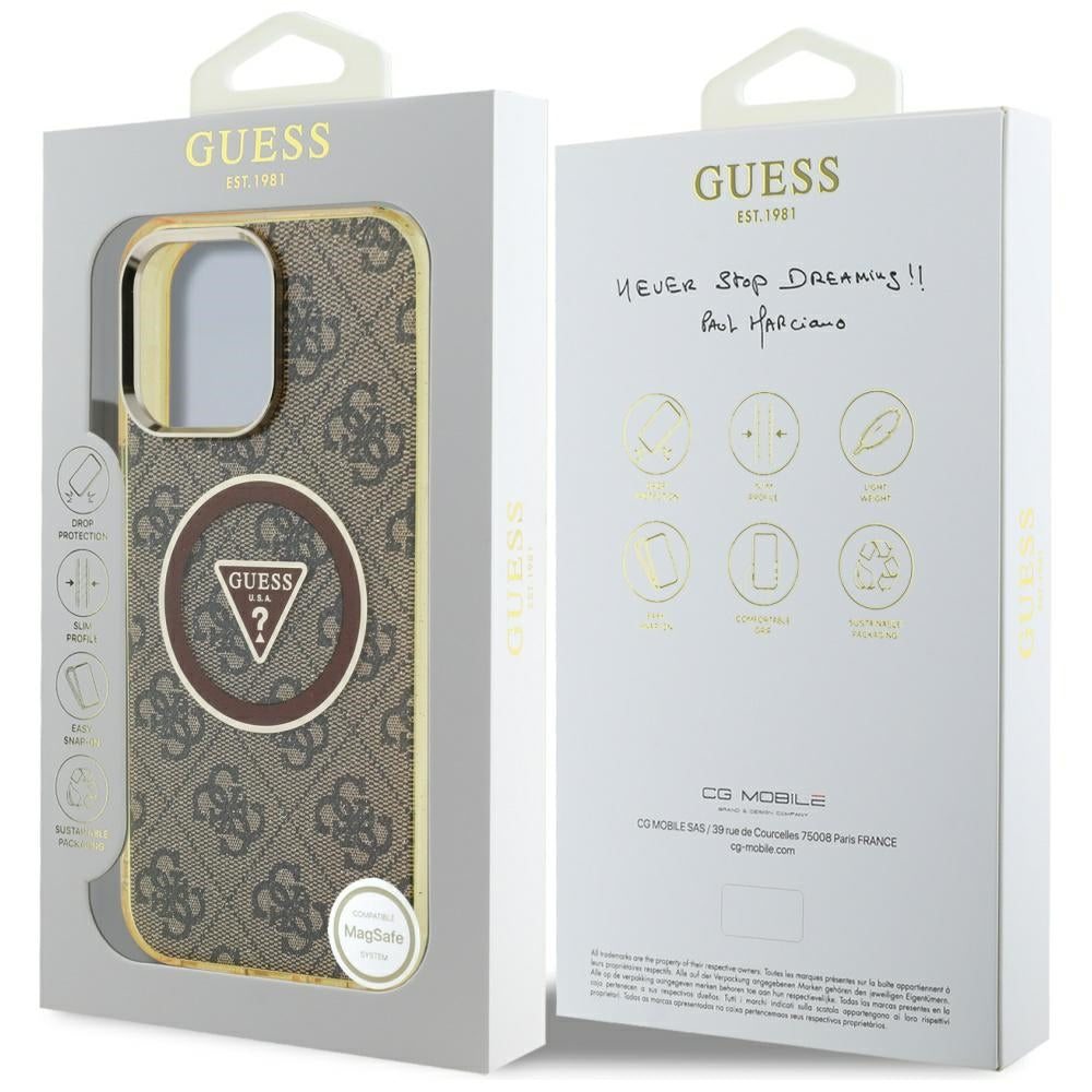 Husa MagSafe pentru Apple iPhone 16 Pro, Guess, IML Glitter 4G Circle Triangle, Maro
