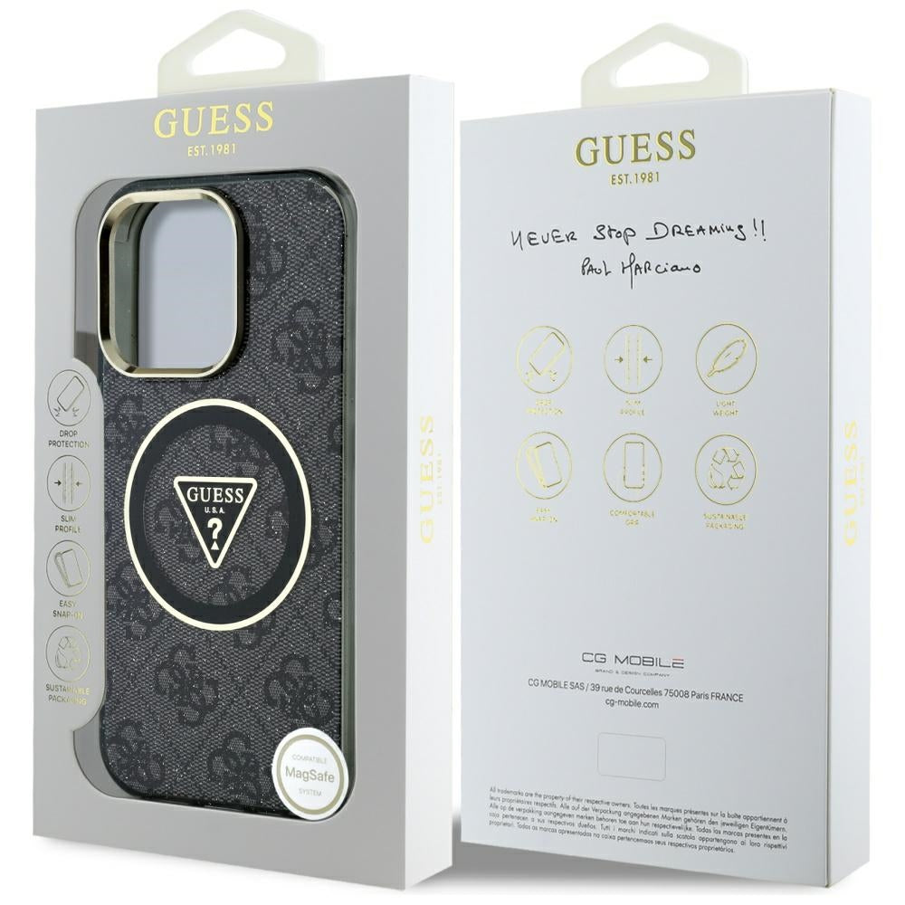 Husa MagSafe pentru Apple iPhone 16 Pro, Guess, IML Glitter 4G Circle Triangle, Neagra