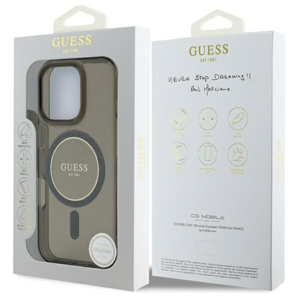 Husa MagSafe pentru Apple iPhone 16 Pro, Guess, IML Glitter Ring, Neagra