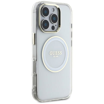 Husa MagSafe pentru Apple iPhone 16 Pro, Guess, IML Metal Colored Circle, Alba