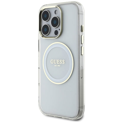 Husa MagSafe pentru Apple iPhone 16 Pro, Guess, IML Metal Colored Circle, Alba