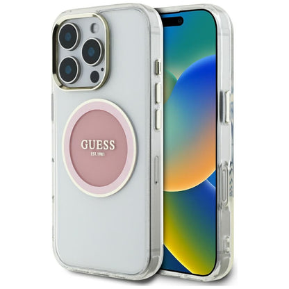 Husa MagSafe pentru Apple iPhone 16 Pro, Guess, IML Metal Colored Circle, Roz