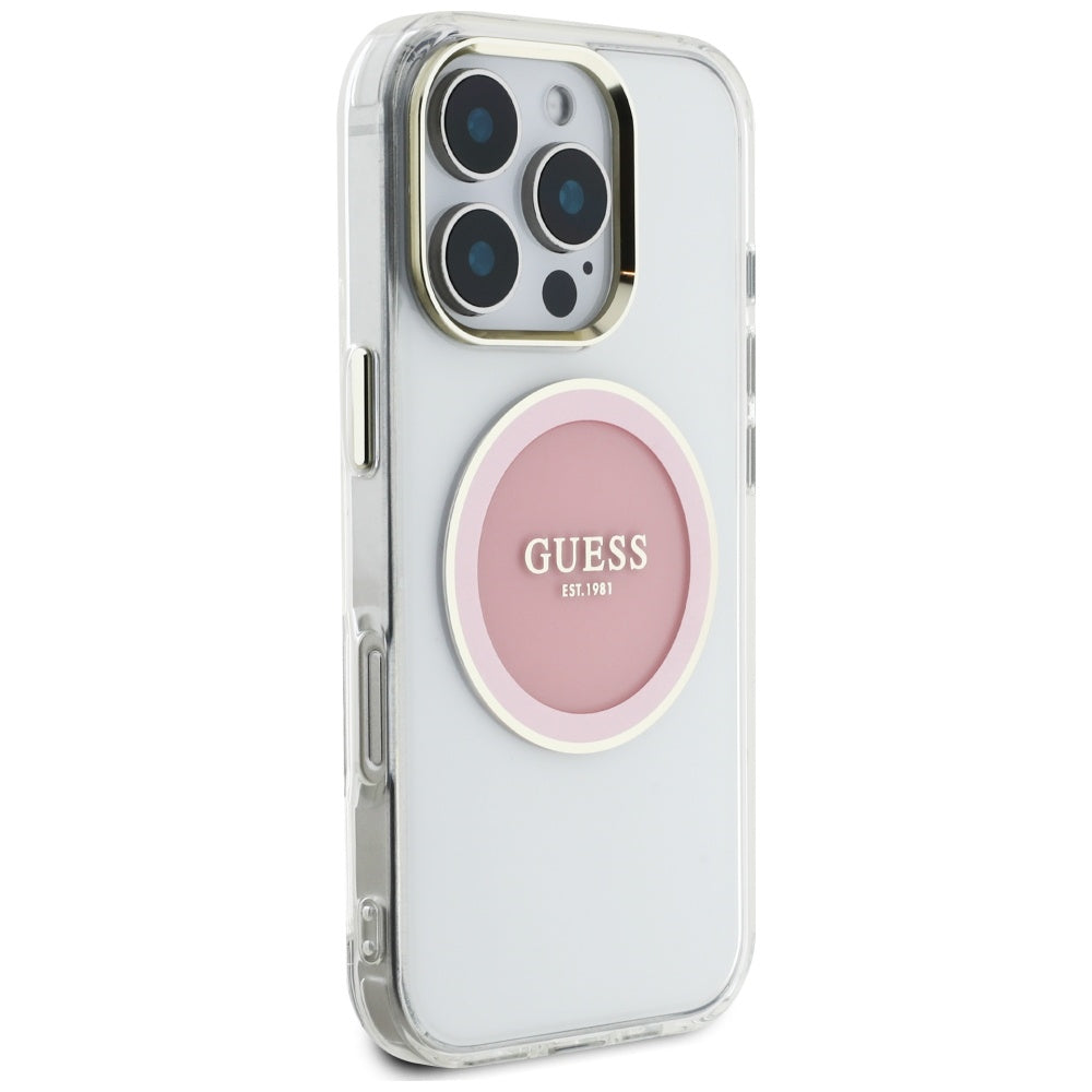 Husa MagSafe pentru Apple iPhone 16 Pro, Guess, IML Metal Colored Circle, Roz