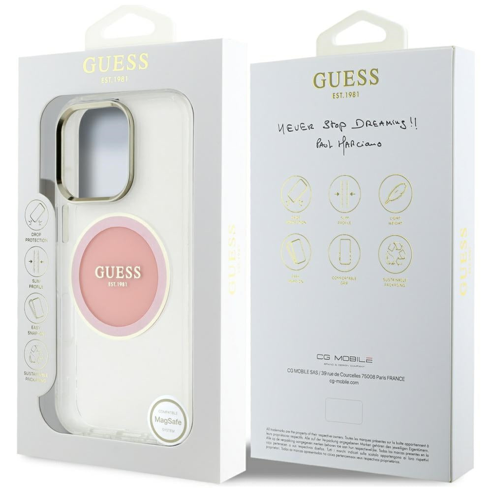 Husa MagSafe pentru Apple iPhone 16 Pro, Guess, IML Metal Colored Circle, Roz