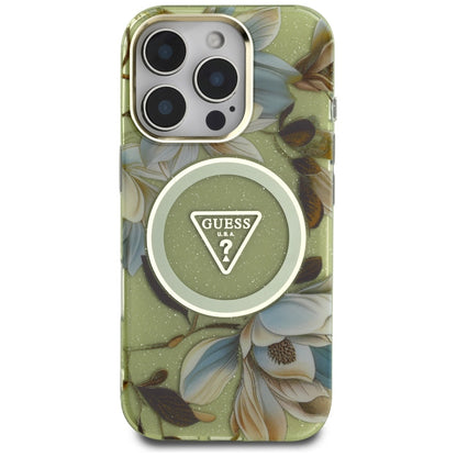 Husa MagSafe pentru Apple iPhone 16 Pro, Guess, IML Metal Glitter Flowers Triangle, Verde