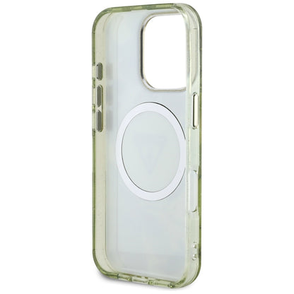 Husa MagSafe pentru Apple iPhone 16 Pro, Guess, IML Metal Glitter Flowers Triangle, Verde