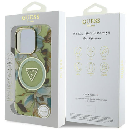 Husa MagSafe pentru Apple iPhone 16 Pro, Guess, IML Metal Glitter Flowers Triangle, Verde