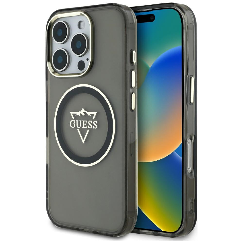 Husa MagSafe pentru Apple iPhone 16 Pro, Guess, IML Metal Mountain Logo, Neagra
