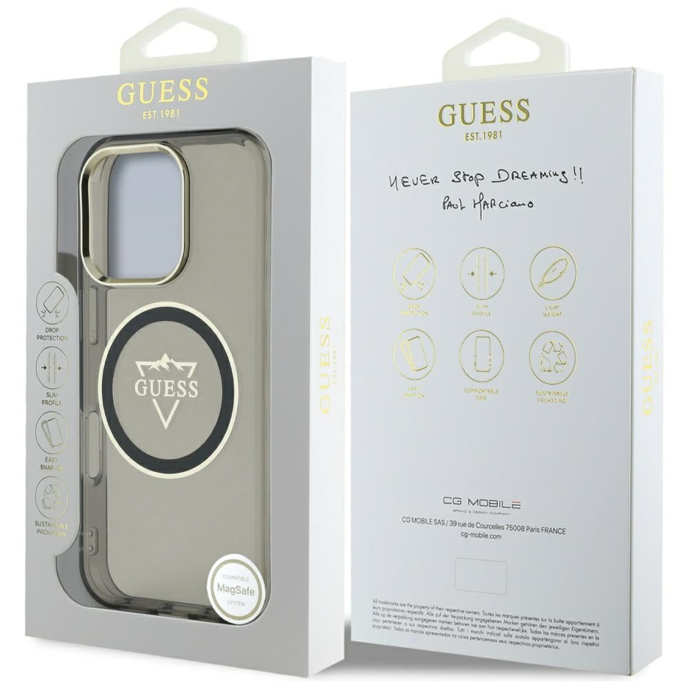 Husa MagSafe pentru Apple iPhone 16 Pro, Guess, IML Metal Mountain Logo, Neagra