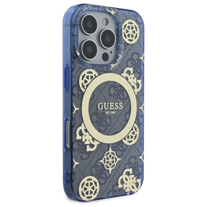 Husa MagSafe pentru Apple iPhone 16 Pro, Guess, IML Peony On 4G Background , Albastra