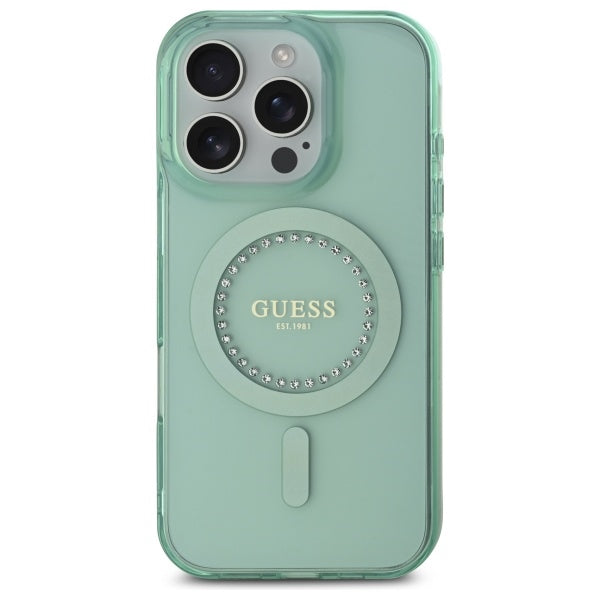 Husa MagSafe pentru Apple iPhone 16 Pro, Guess, IML Rhinestone, Verde