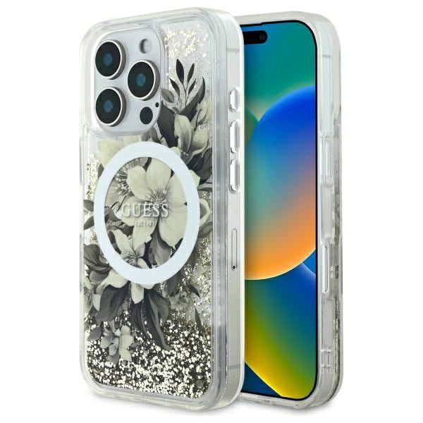 Husa MagSafe pentru Apple iPhone 16 Pro, Guess, Liquid Glitter Flower, Bej