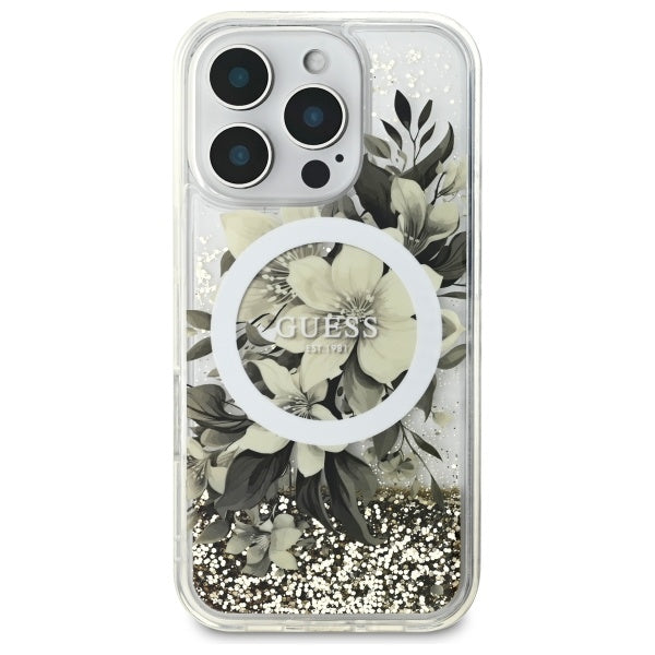 Husa MagSafe pentru Apple iPhone 16 Pro, Guess, Liquid Glitter Flower, Bej