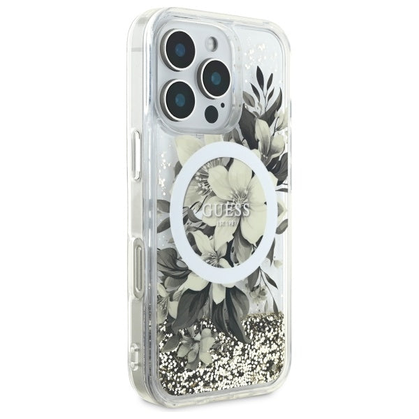 Husa MagSafe pentru Apple iPhone 16 Pro, Guess, Liquid Glitter Flower, Bej