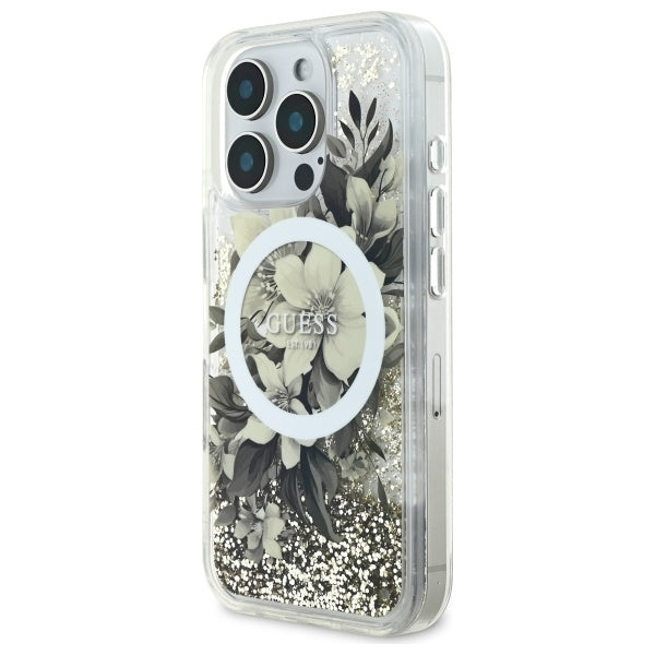Husa MagSafe pentru Apple iPhone 16 Pro, Guess, Liquid Glitter Flower, Bej