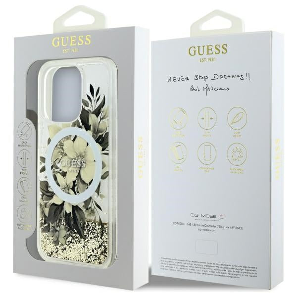 Husa MagSafe pentru Apple iPhone 16 Pro, Guess, Liquid Glitter Flower, Bej