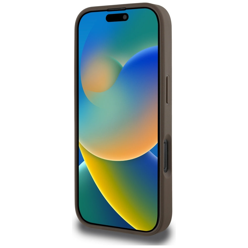 Husa MagSafe pentru Apple iPhone 16 Pro, Guess, Peony Grained Hot Stamp Triangle, Maro