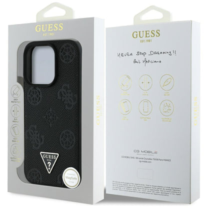 Husa MagSafe pentru Apple iPhone 16 Pro, Guess, Peony Grained Hot Stamp Triangle, Neagra
