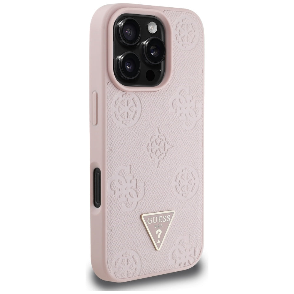 Husa MagSafe pentru Apple iPhone 16 Pro, Guess, Peony Grained Hot Stamp Triangle, Roz