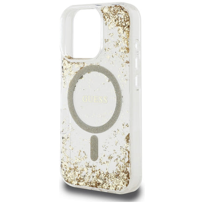 Husa MagSafe pentru Apple iPhone 16 Pro, Guess, Resin Bottom Glitter, Aurie