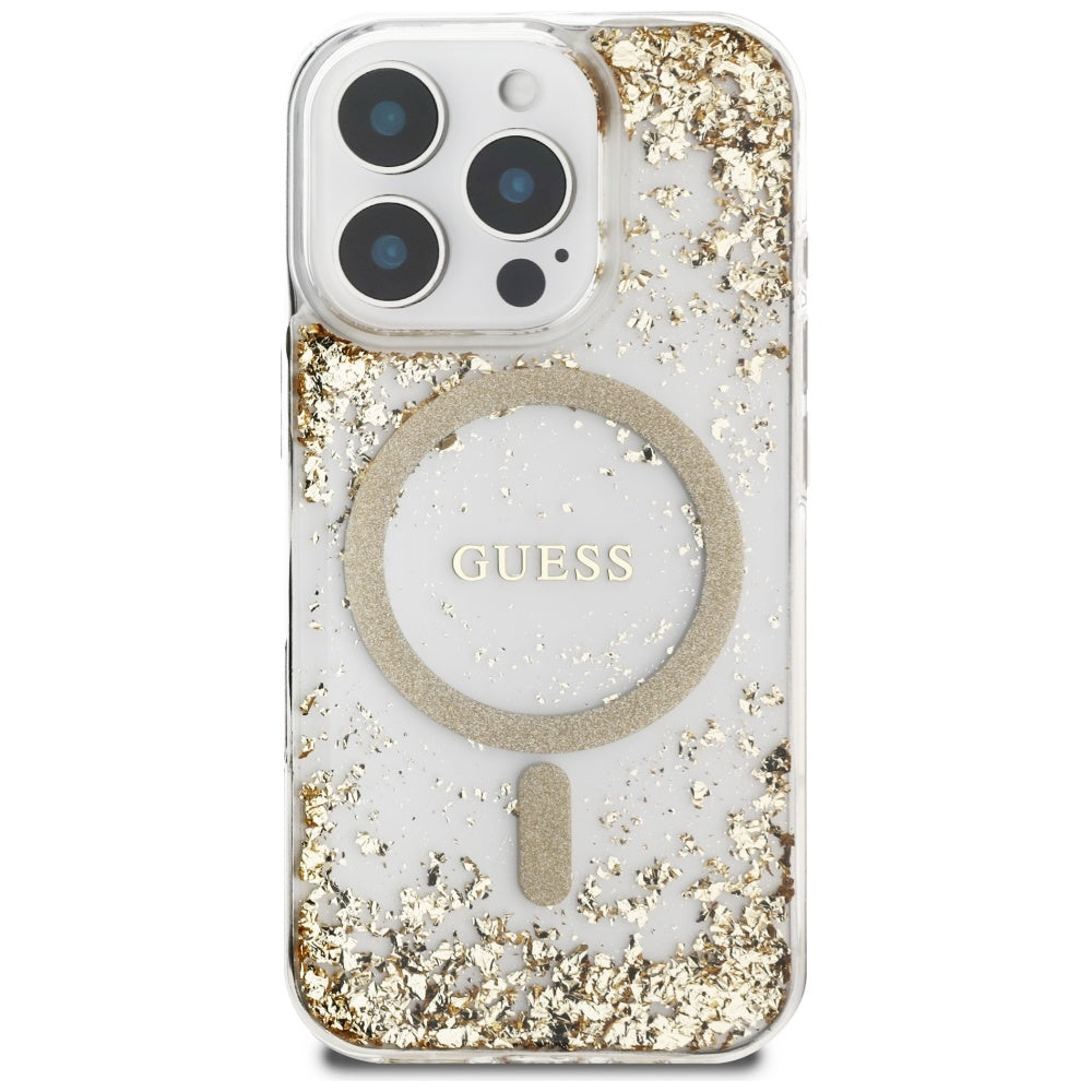Husa MagSafe pentru Apple iPhone 16 Pro, Guess, Resin Bottom Glitter, Aurie