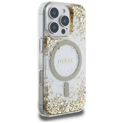 Husa MagSafe pentru Apple iPhone 16 Pro, Guess, Resin Bottom Glitter, Aurie