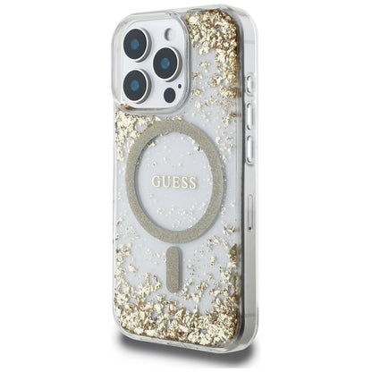 Husa MagSafe pentru Apple iPhone 16 Pro, Guess, Resin Bottom Glitter, Aurie