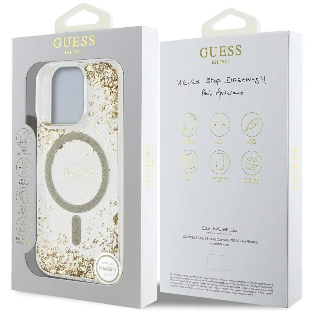 Husa MagSafe pentru Apple iPhone 16 Pro, Guess, Resin Bottom Glitter, Aurie