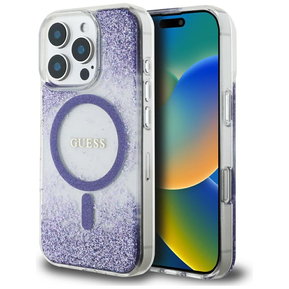 Husa MagSafe pentru Apple iPhone 16 Pro, Guess, Resin Bottom Glitter, Mov